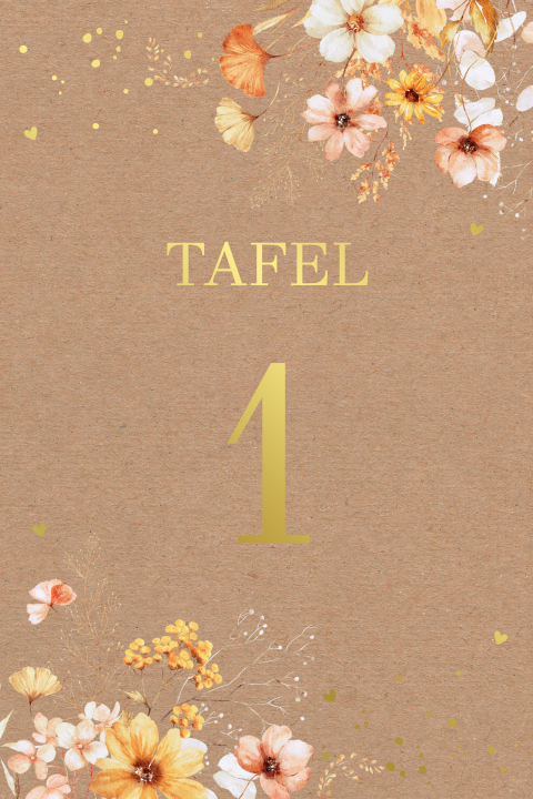 Tafelnummer kaart bloemen geel kraftlook goudfolie
