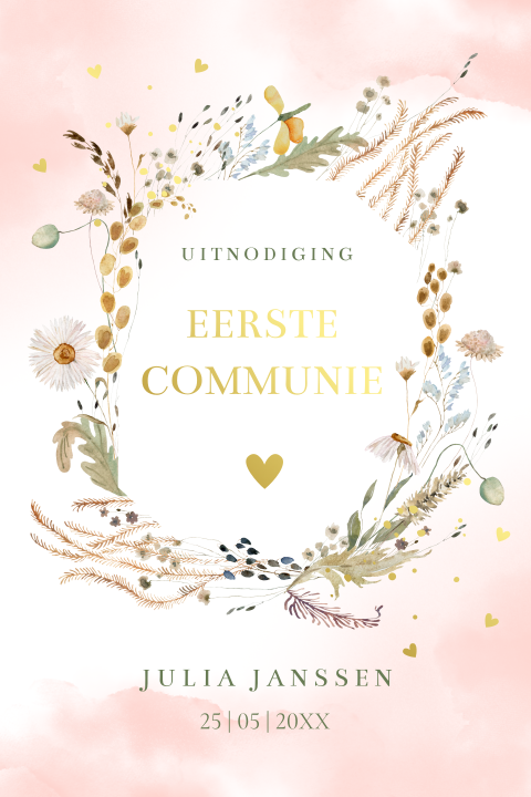 Communie uitnodiging kleurrijke bloemen waterverf roze goudfolie
