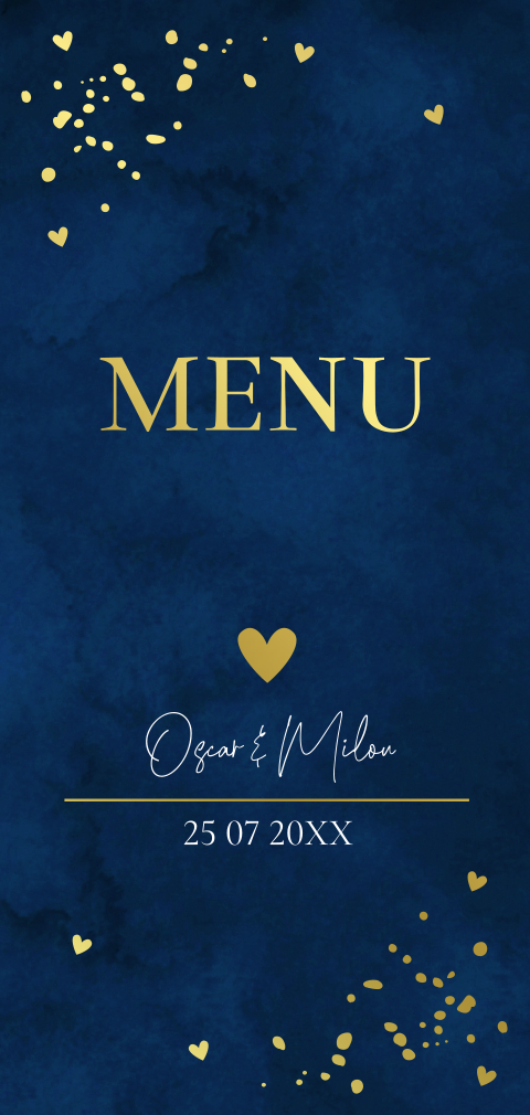 Menukaart huwelijk stijlvol donkerblauw goudfolie