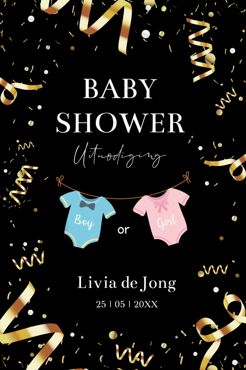 Babyshower uitnodiging zwart goud confetti rompertjes