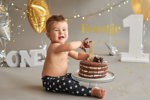 Uitnodiging kinderfeestje jongen 1 jaar eigen foto goudfolie