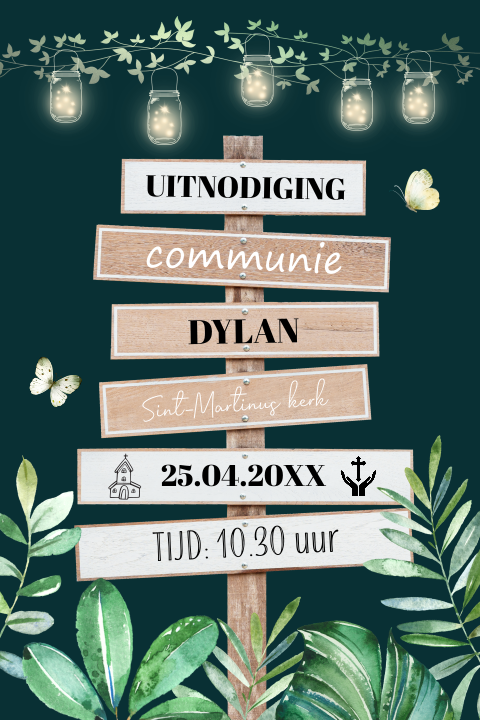 Communie uitnodiging jongen houten wegwijzer bladeren