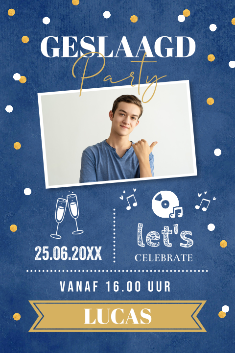 Uitnodiging geslaagd examen feest blauw met foto en confetti