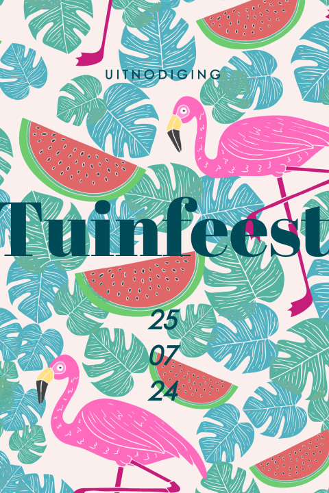 Tuinfeest uitnodiging flamingo bladeren tropical fruits