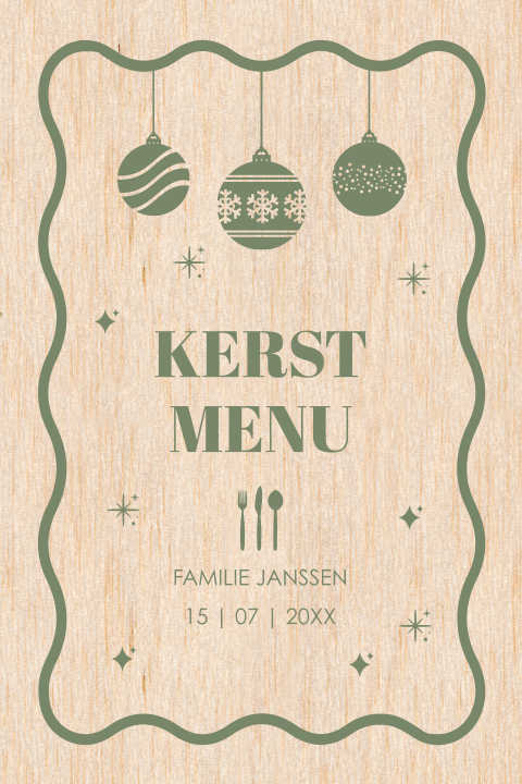 Kerstmenukaart echt hout kerstballen golvend kader groen