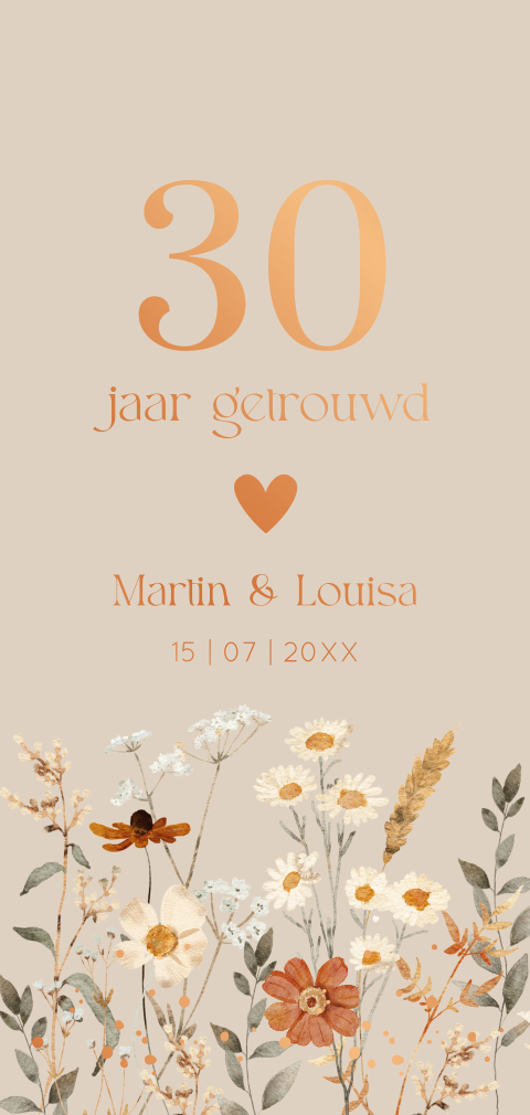 Jubileum uitnodiging 30 jaar getrouwd beige bloemen koperfolie