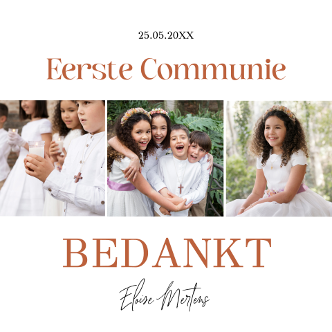 Bedankkaart communie fotocollage wit roestbruin typografie