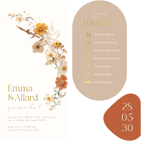 Labelkaart trouwkaart langwerpig bloemen beige bloemen goudfolie