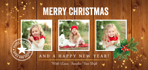 Kerstkaart langwerpig bruin houtlook fotocollage
