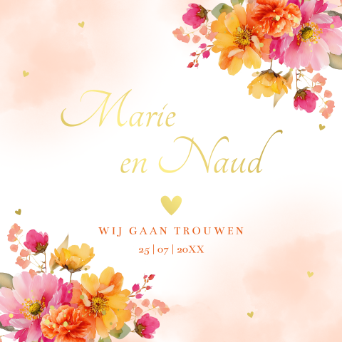 Trouwkaart kleurrijke bloemen pink orange goudfolie