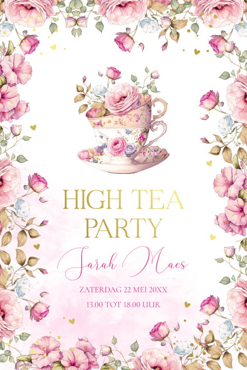 High Tea party uitnodiging roze bloemen theekopjes goudfolie