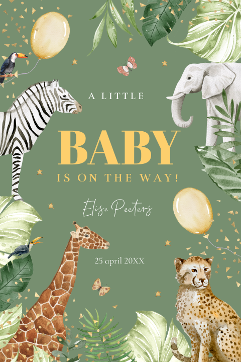 Babyshower uitnodiging safari dieren ballonnen