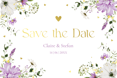 Save the Date kaart bloemen paars goudfolie Twiggy