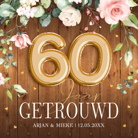 Jubileum uitnodiging 60 jaar getrouwd bloemen houtlook