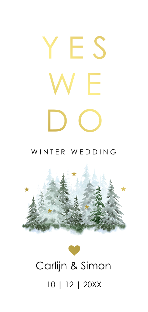 Trouwkaart Winter weddding forrest groen goudfolie langwerpig