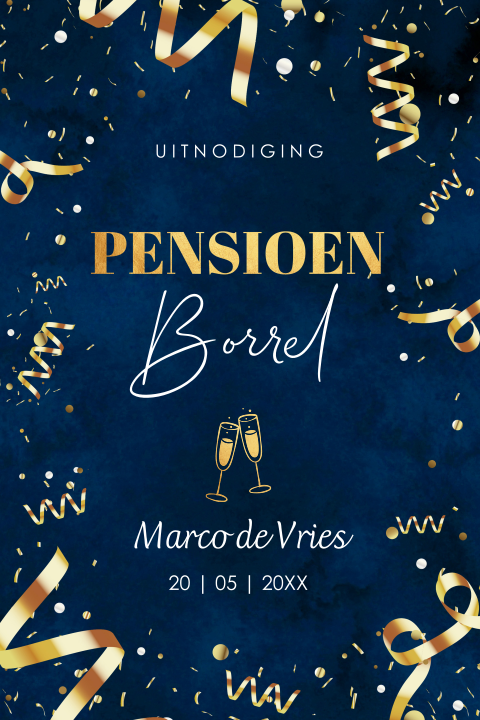 Pensioen feest uitnodiging blauw goudlook spetters
