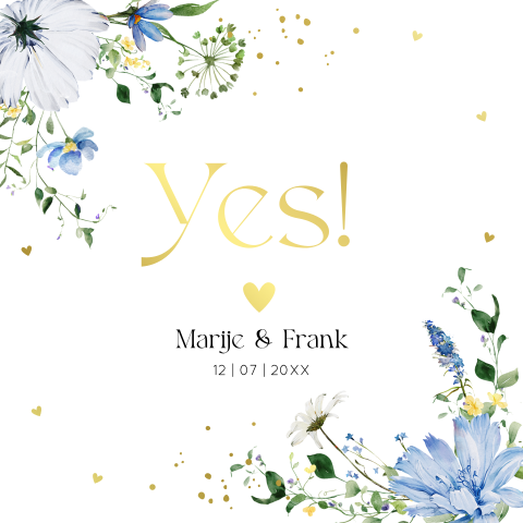 Trouwkaart bloemen blauw wit Twiggy goudfolie