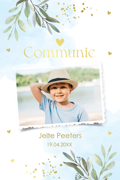 Uitnodiging communie jongen foto botanisch goudfolie
