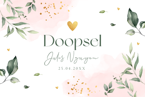Doopkaart meisje roze waterverf bladeren botanisch