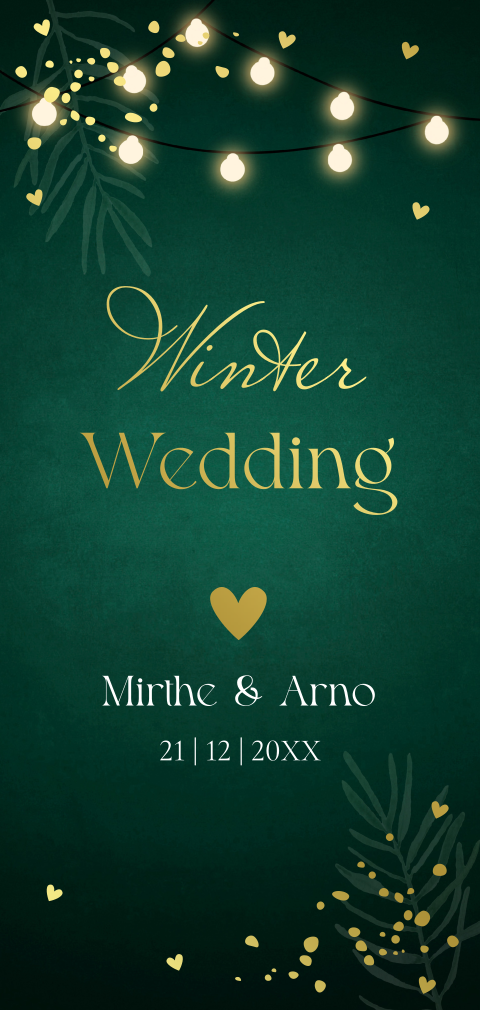Kerst trouwkaart groen winter wedding kerst lampjes goudfolie