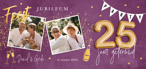 Jubileum uitnodiging 25 jaar getrouwd foto paars goudlook