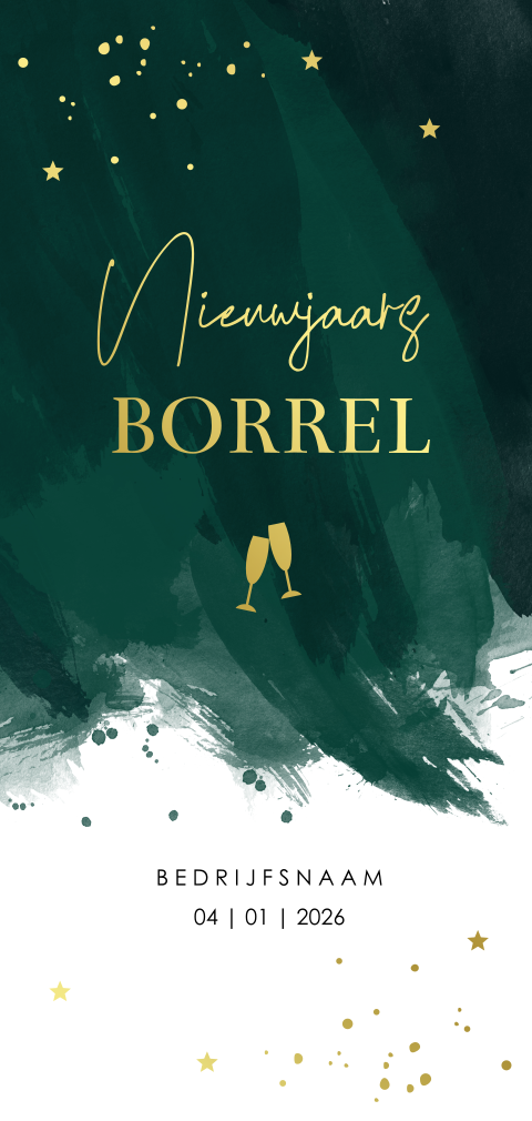 Zakelijke nieuwjaarsborrel uitnodiging groen langwerpig goudfolie