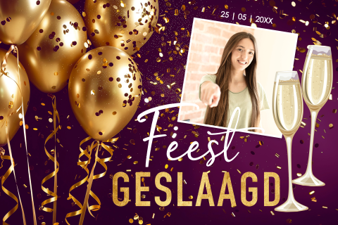 Uitnodiging geslaagd feestje eigen foto ballonnen goudlook