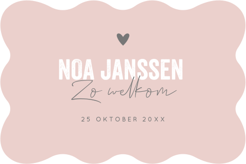Geboortekaartje meisje golvend roze hartje typografie