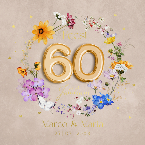 Uitnodiging jubileum huwelijk 60 jaar getrouwd bloemen beige