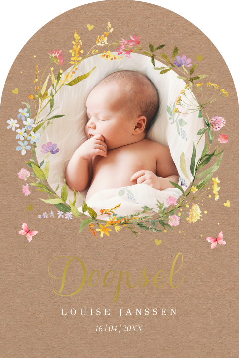Doopkaart meisje boog foto kraft bloemen goudfolie
