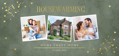 Housewarming uitnodiging groen fotocollage goudfolie