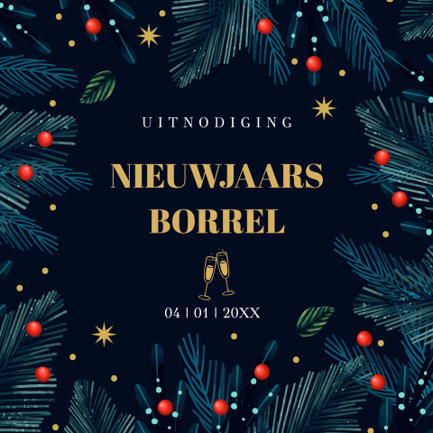Uitnodiging nieuwjaarsborrel blauw kersttakjes