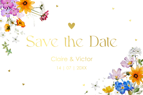 Save the Date kaart zomerse bloemen paars geel goudfolie