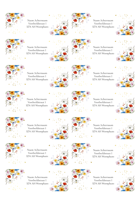 Adresstickers gekleurde veldbloemen rood blauw goudfolie