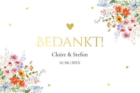 Bedankkaart huwelijk kleurrijke bloemen Anemone goudfolie