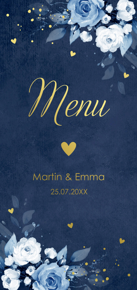 Menukaart huwelijk blauw romantische bloemen goudfolie