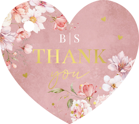Labeltje huwelijk roze bloemen hartje Thank You