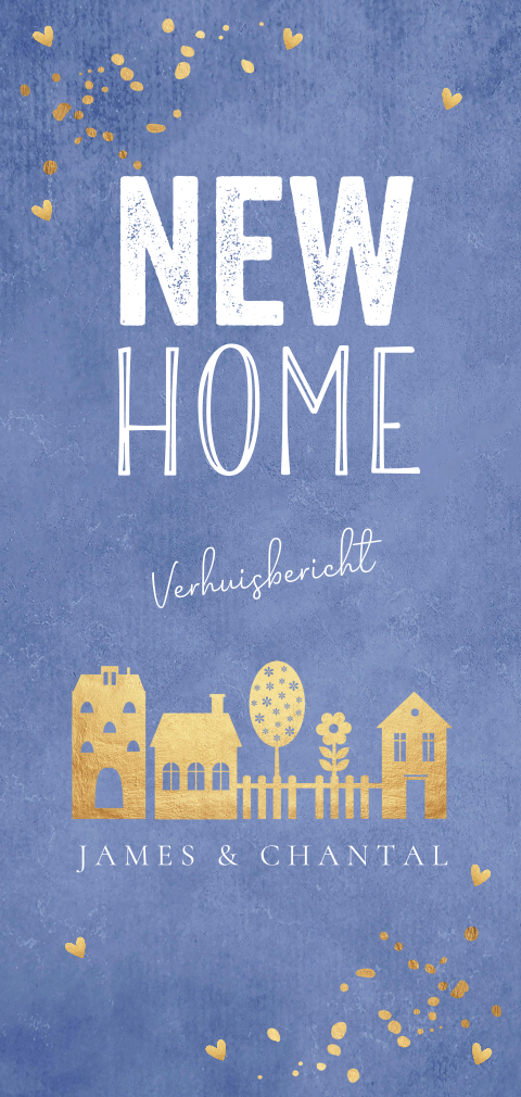 Verhuiskaart blauw langwerpig goudlook huisjes