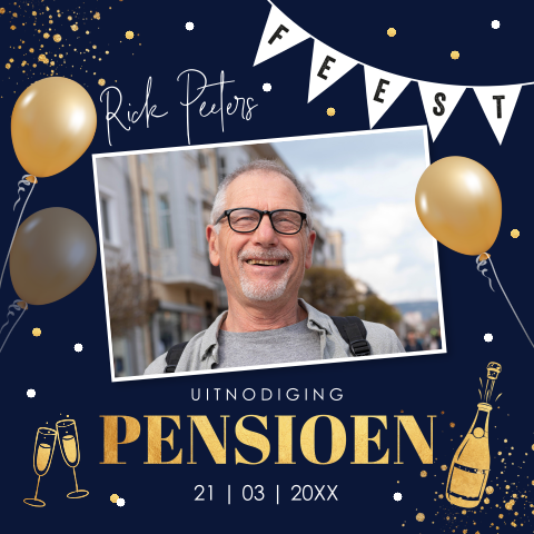 Pensioen uitnodiging foto blauw goudlook slinger champagne