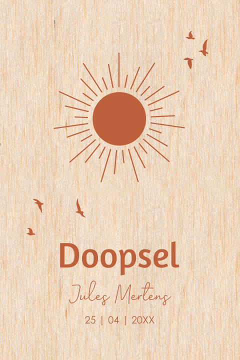 Doop uitnodiging echt hout zon vogels