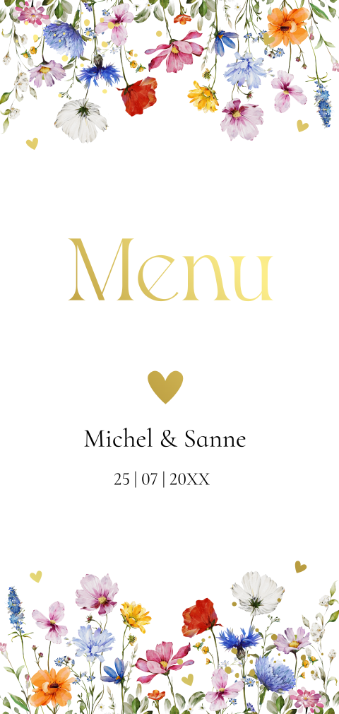 Menukaart langwerpig huwelijk zomerse bloemen goudfolie