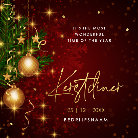 Kerstdiner uitnodiging rood kerstballen goudfolie