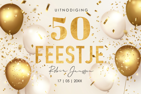 Uitnodiging verjaardag 50 jaar ballonnen goudlook