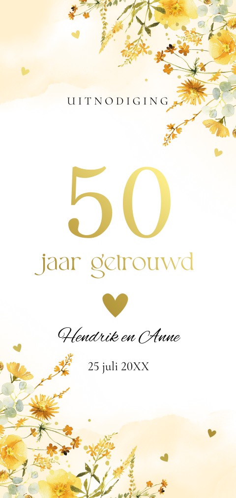 Uitnodiging jubileum 50 jaar getrouwd bloemen geel goudfolie