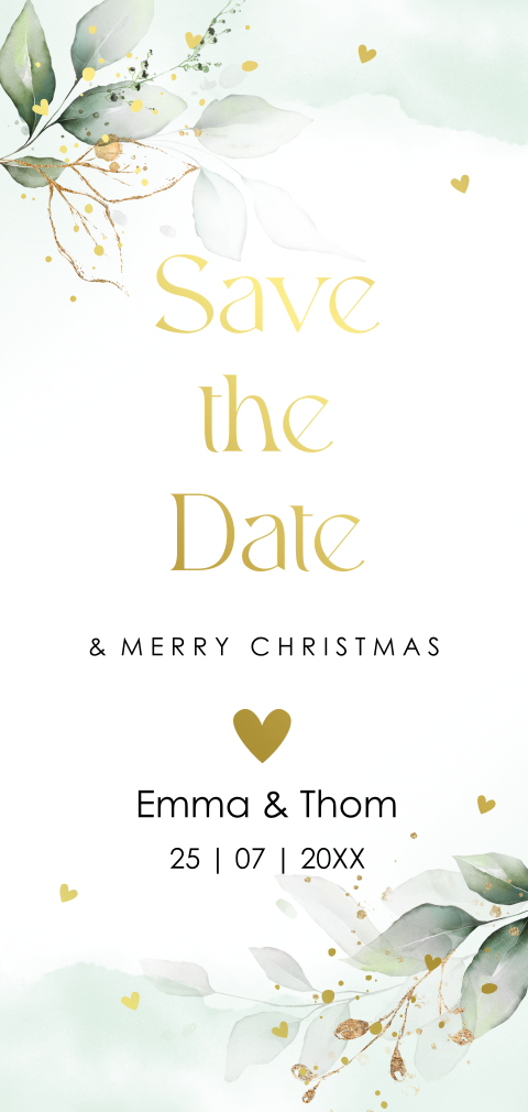 Save the Date kerstkaart botanisch groen wit blaadjes goudfolie