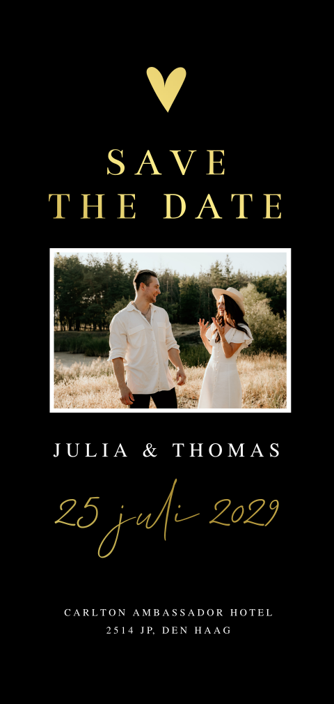 Save the date kaart zwart langwerpig foto goudfolie
