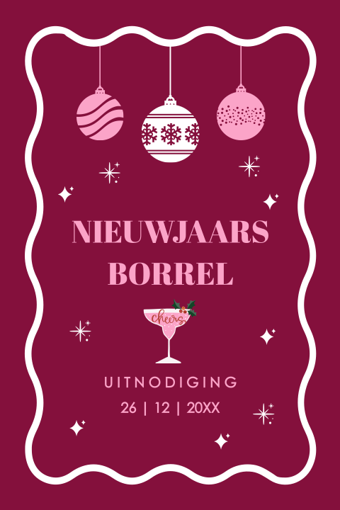Nieuwjaarsborrel uitnodiging roze rood kerstballen golvend kader
