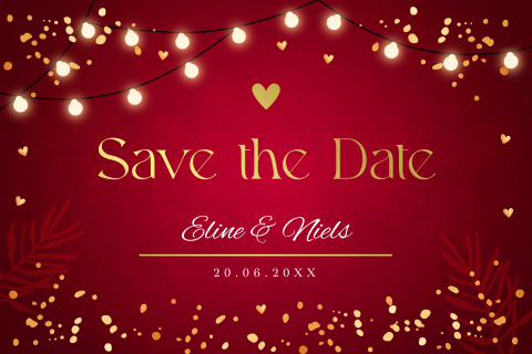Save the Date kaart kerst rood confetti lampjes goudfolie