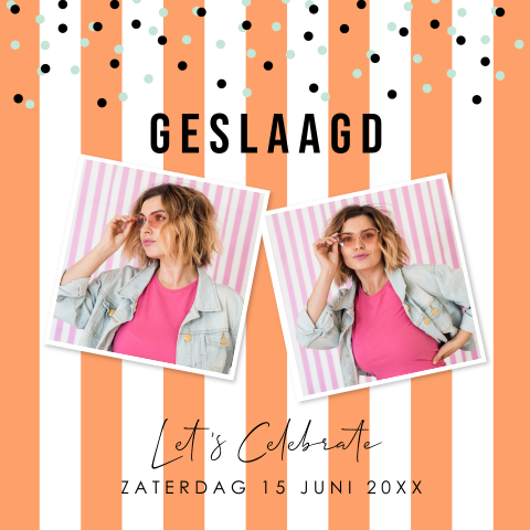 Uitnodiging geslaagd examenfeest streep foto confetti