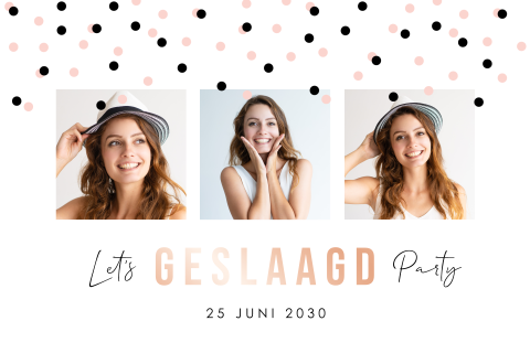 Uitnodiging geslaagd examenfeest fotocollage confetti rosegoudfolie